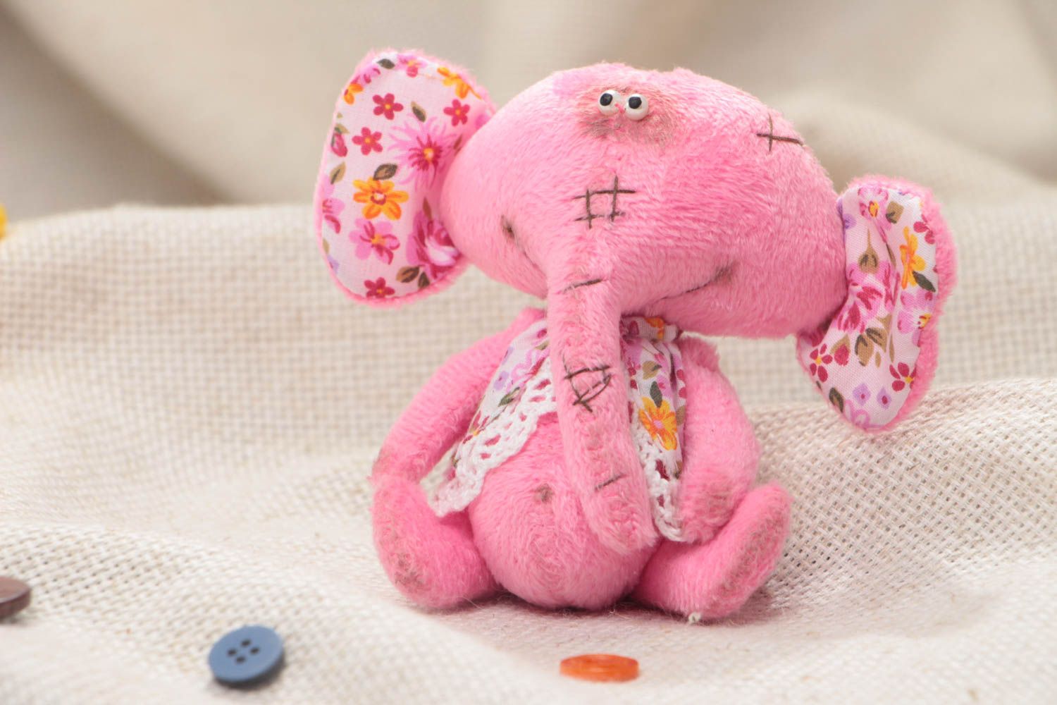 Handmade small vintage soft toy sewn of plush pink elephant with floral ears photo 1