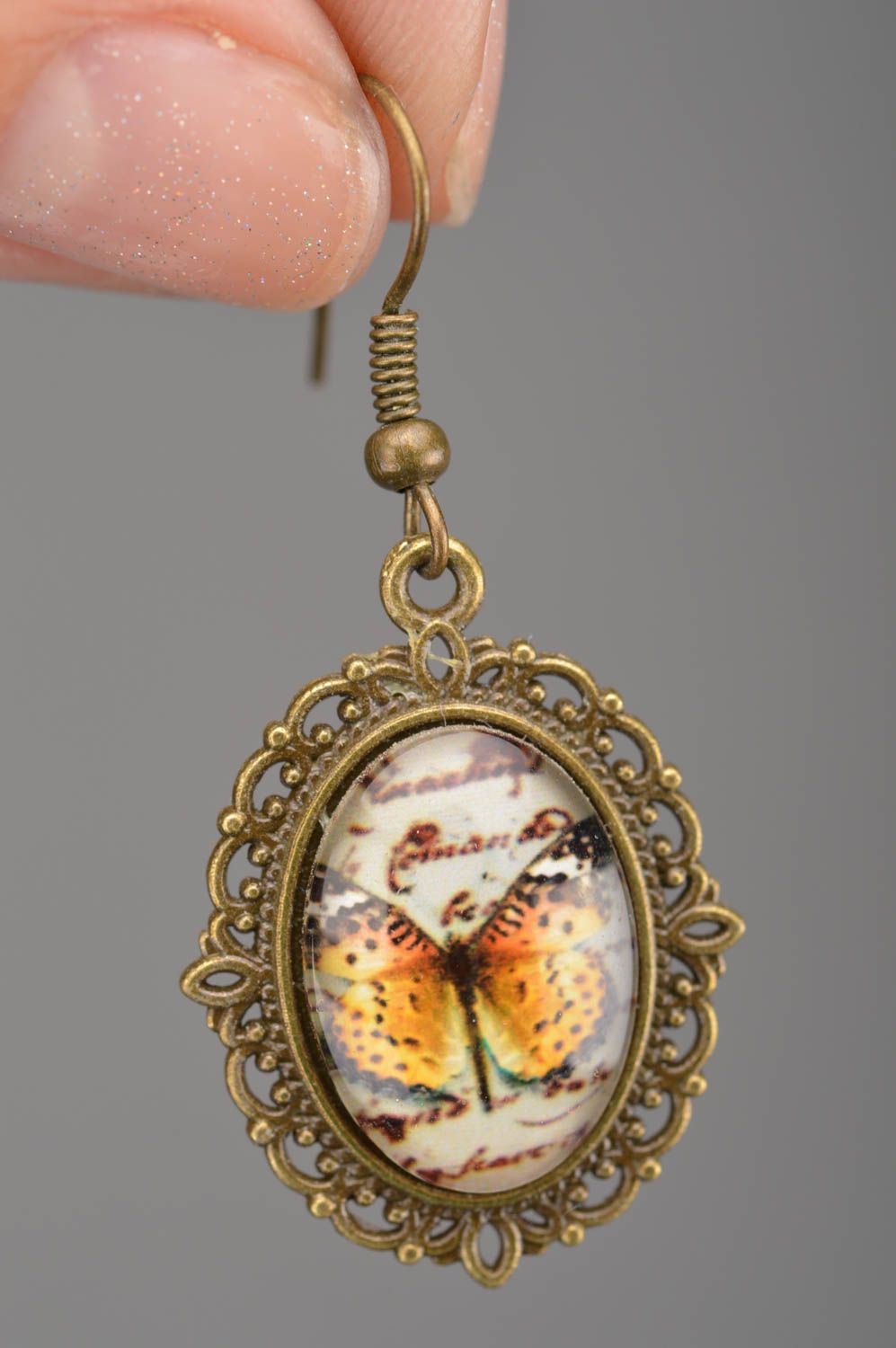 Unusual homemade designer oval metal earrings in vintage style Golden Butterfly photo 2