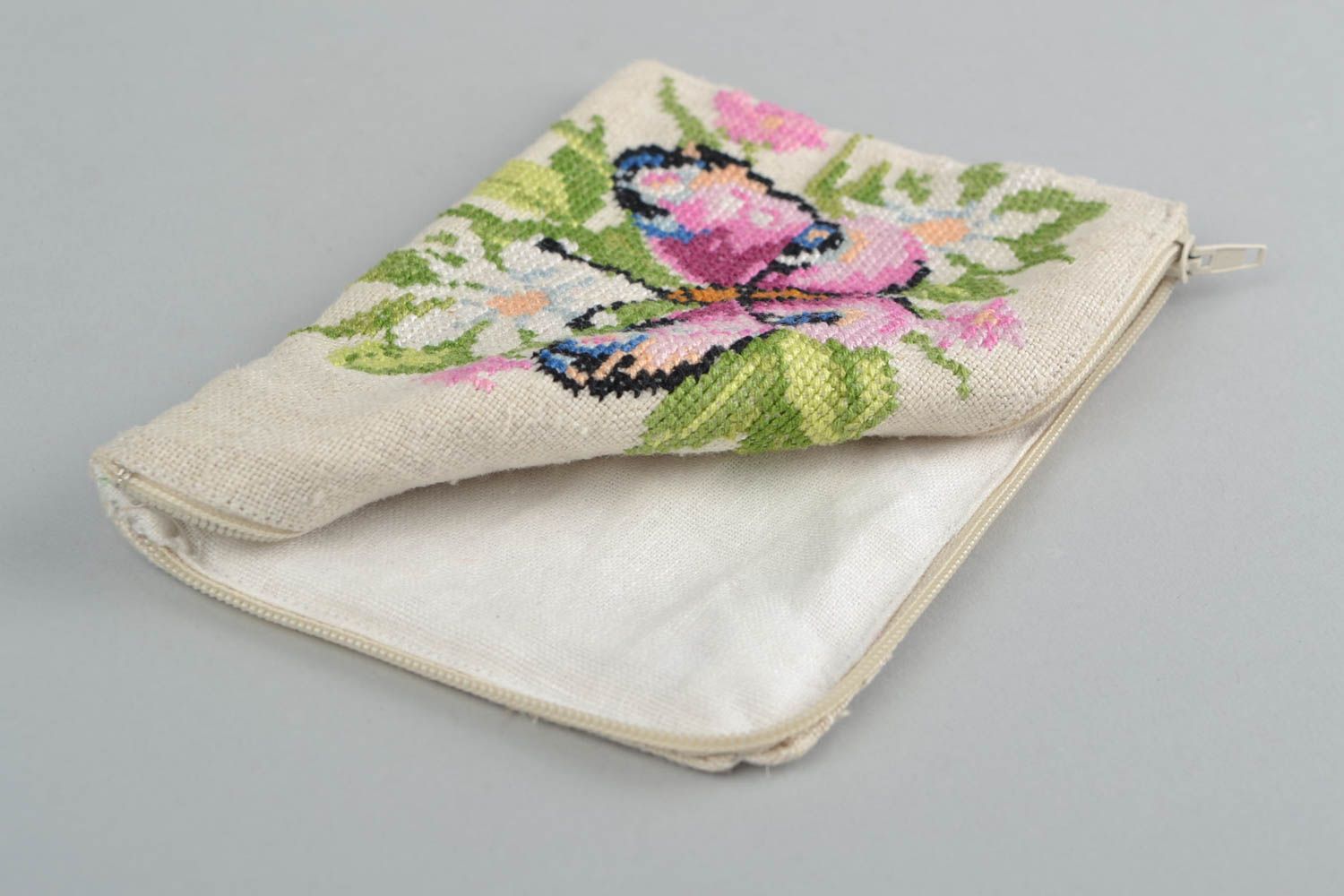 Handmade designer hemp fabric mobile phone case with embroidered flowers photo 5