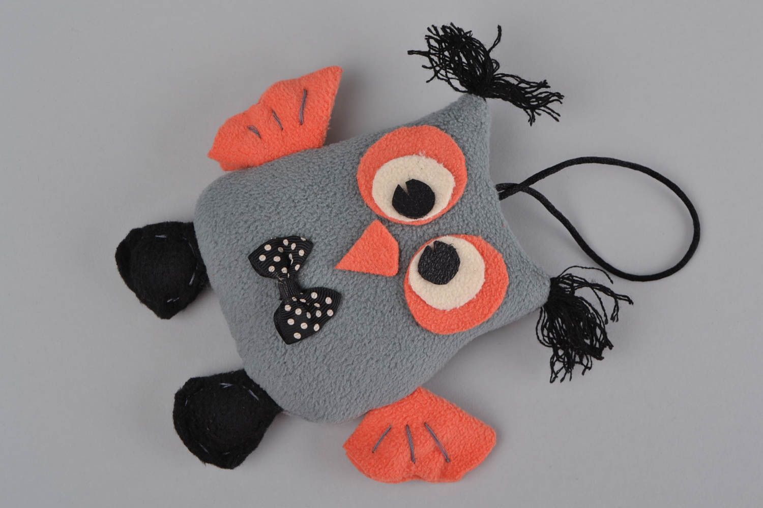 Toy with loop small owl grey with orange handmade decorative interior pendant photo 1