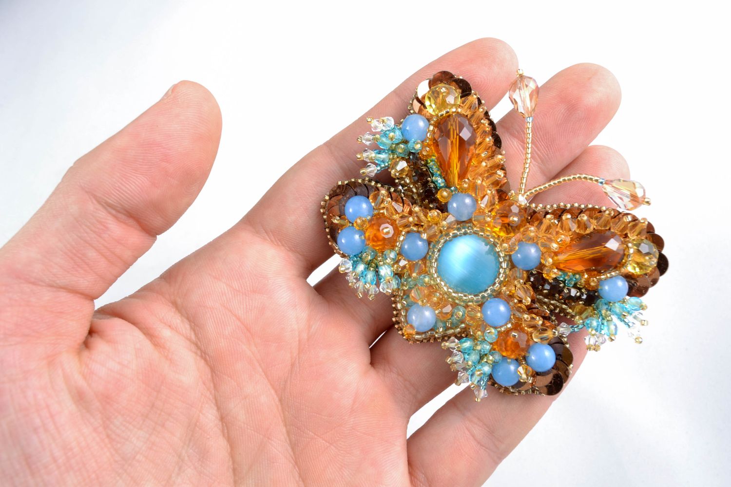 Brooch embroidered with beads and natural stones Butterfly photo 2
