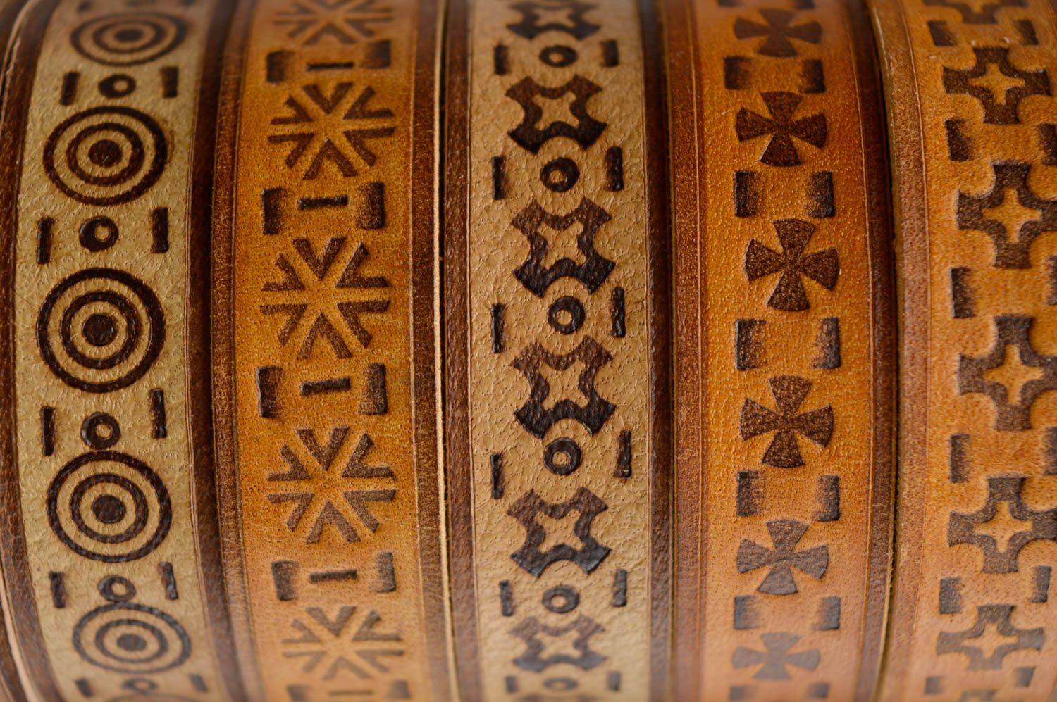 Ethnic light leather bracelet with pyrography photo 5
