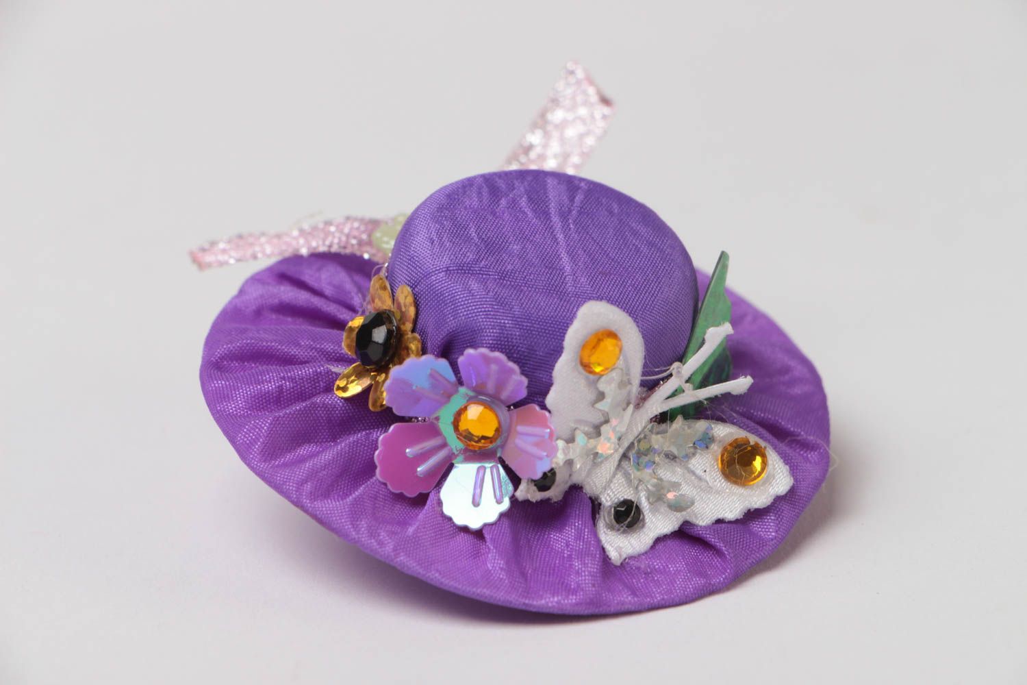 Handmade decorative hair band with tiny violet fabric top hat for little girls photo 2