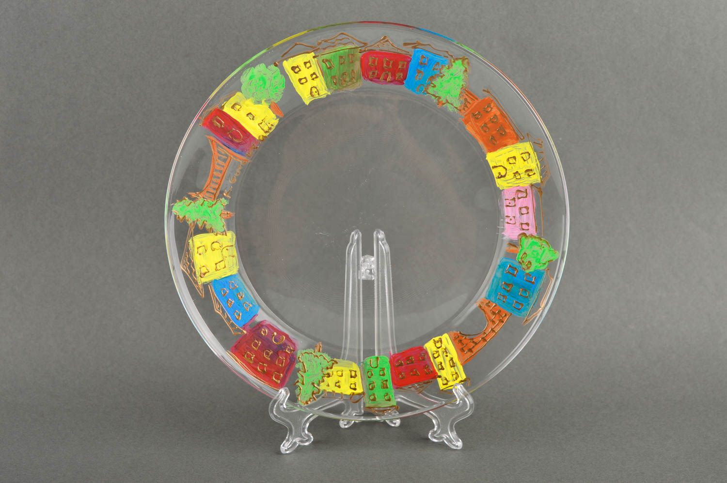 Керамика ручной работы расписная тарелка посуда из стекла Разноцветные домики фото 2