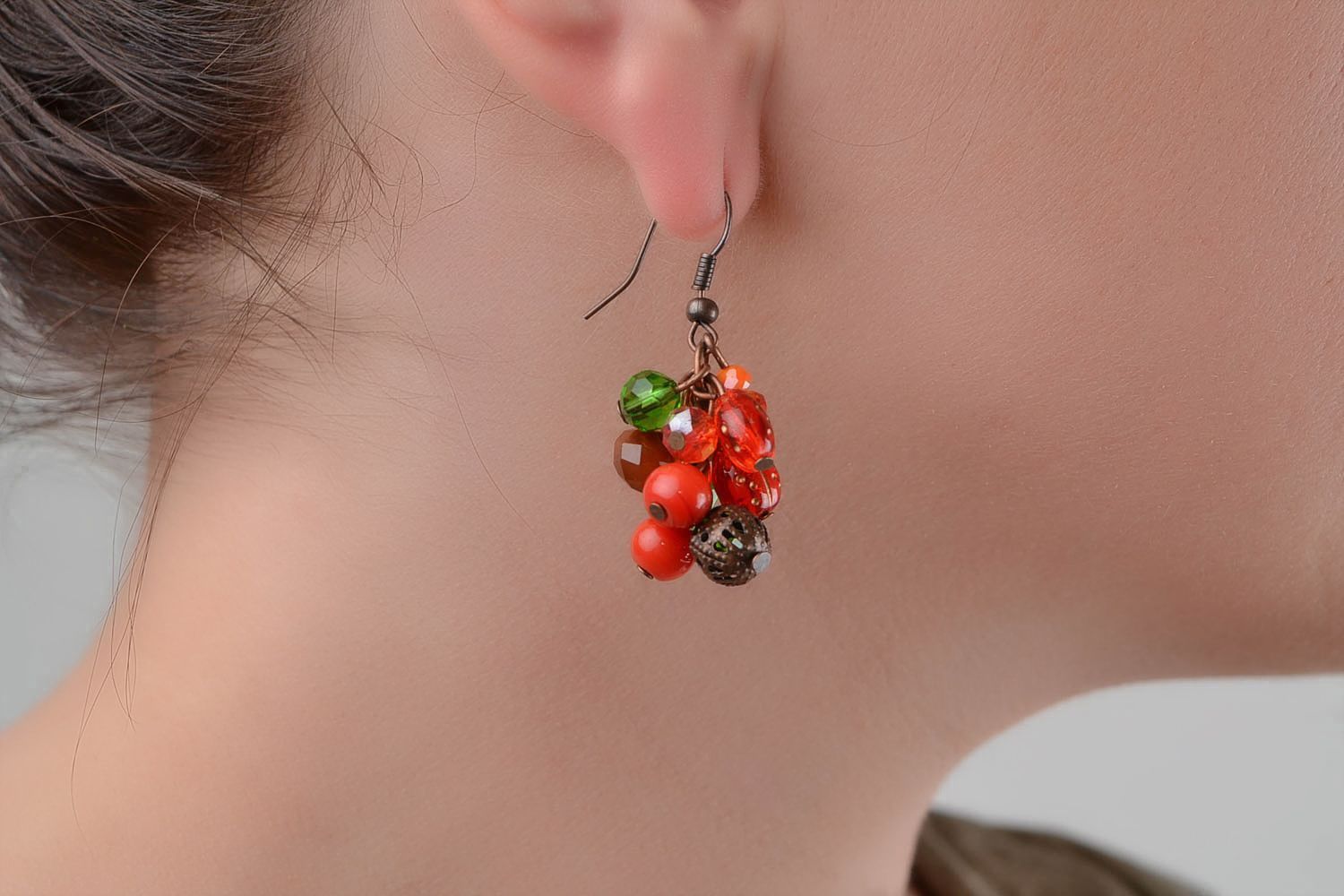 Handmade designer long dangling earrings with jadeite and red glass beads photo 2