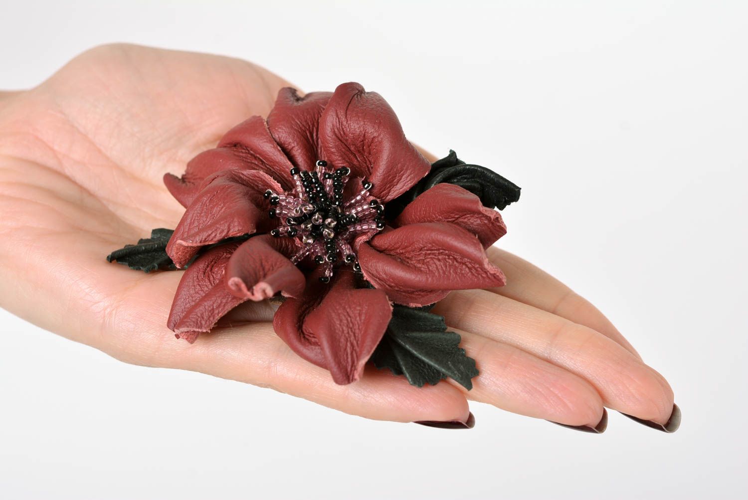 Broche fleur faite main Barrette cheveux Accessoire femme vrai cuir original photo 2