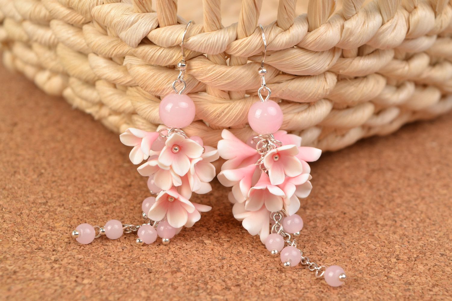 Magnificent polymer clay floral earrings in tender pink color with beads photo 1