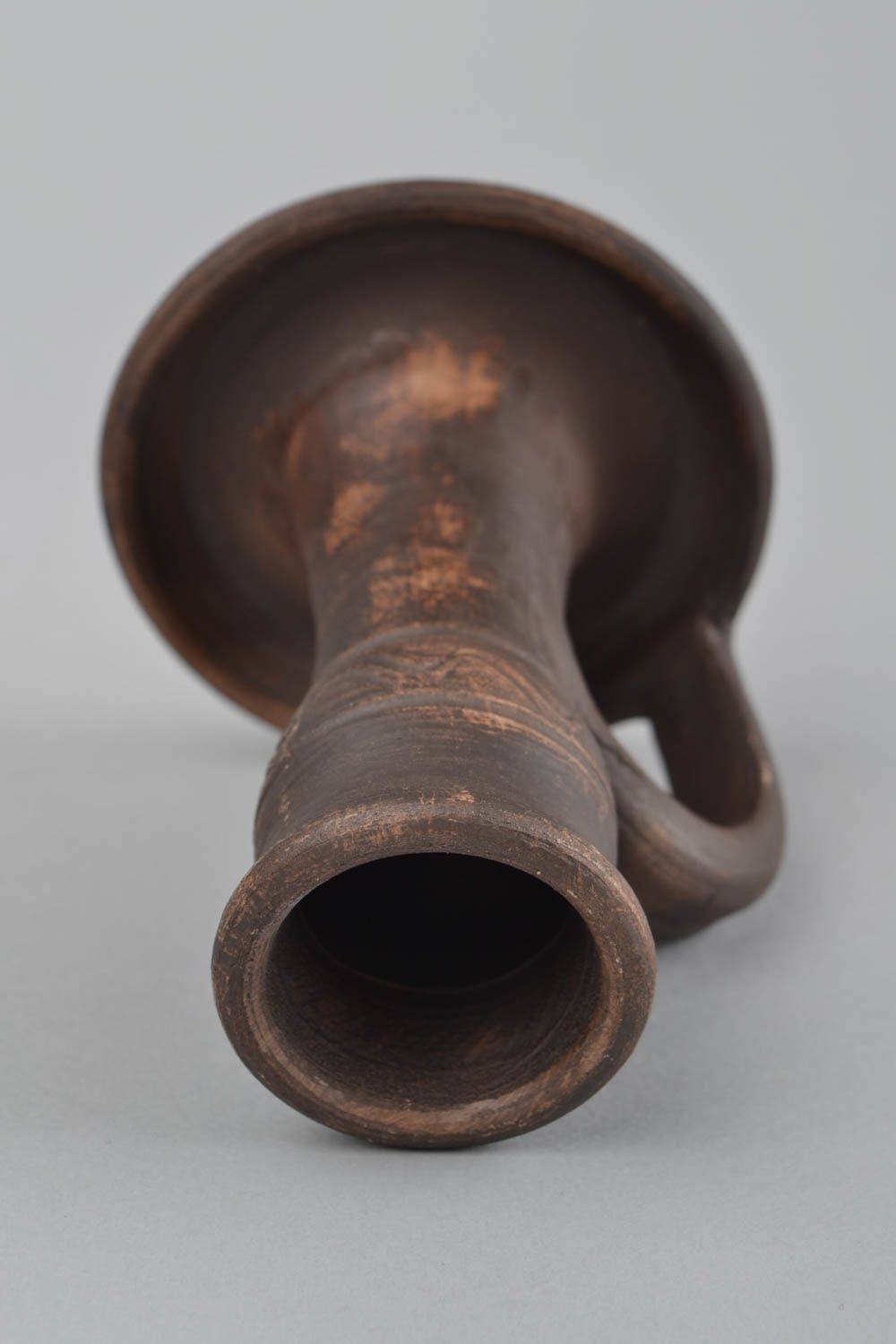 Handmade dark brown ethnic ceramic candlestick with handle polished  photo 4