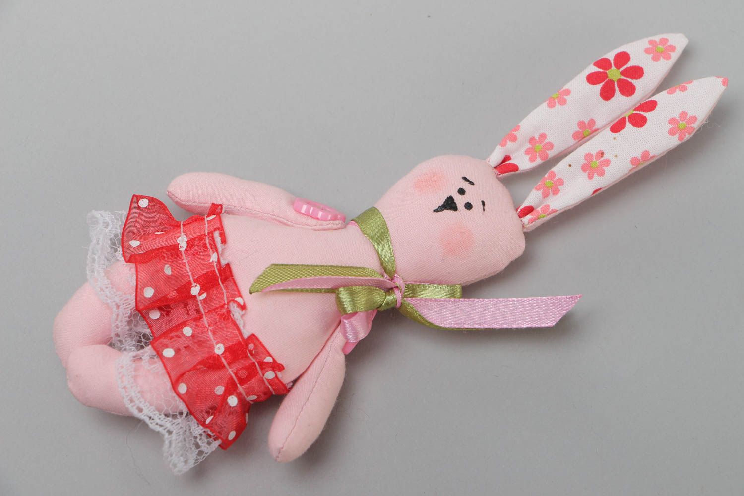 Handmade small soft toy sewn of cotton fabric in the shape of long eared rabbit photo 2