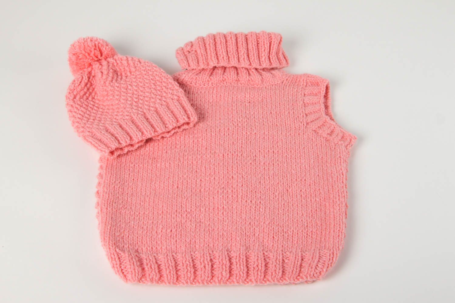 Knitted winter set handmade hat pink vest designer clothes for girl kids present photo 2