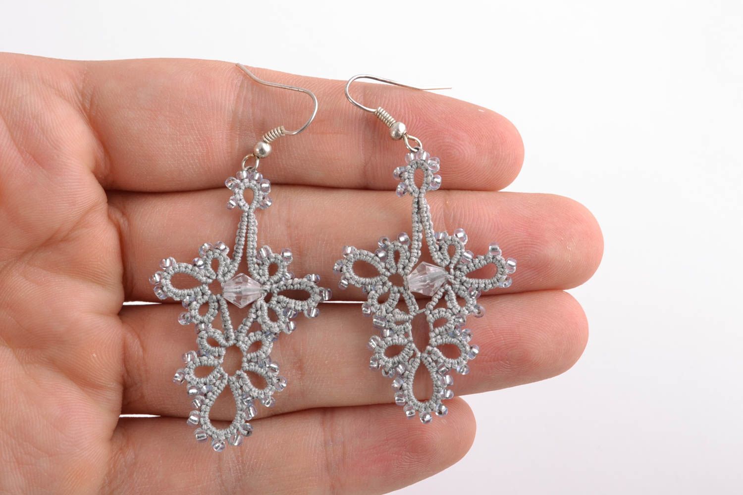 Tatting lace earrings with beads photo 2