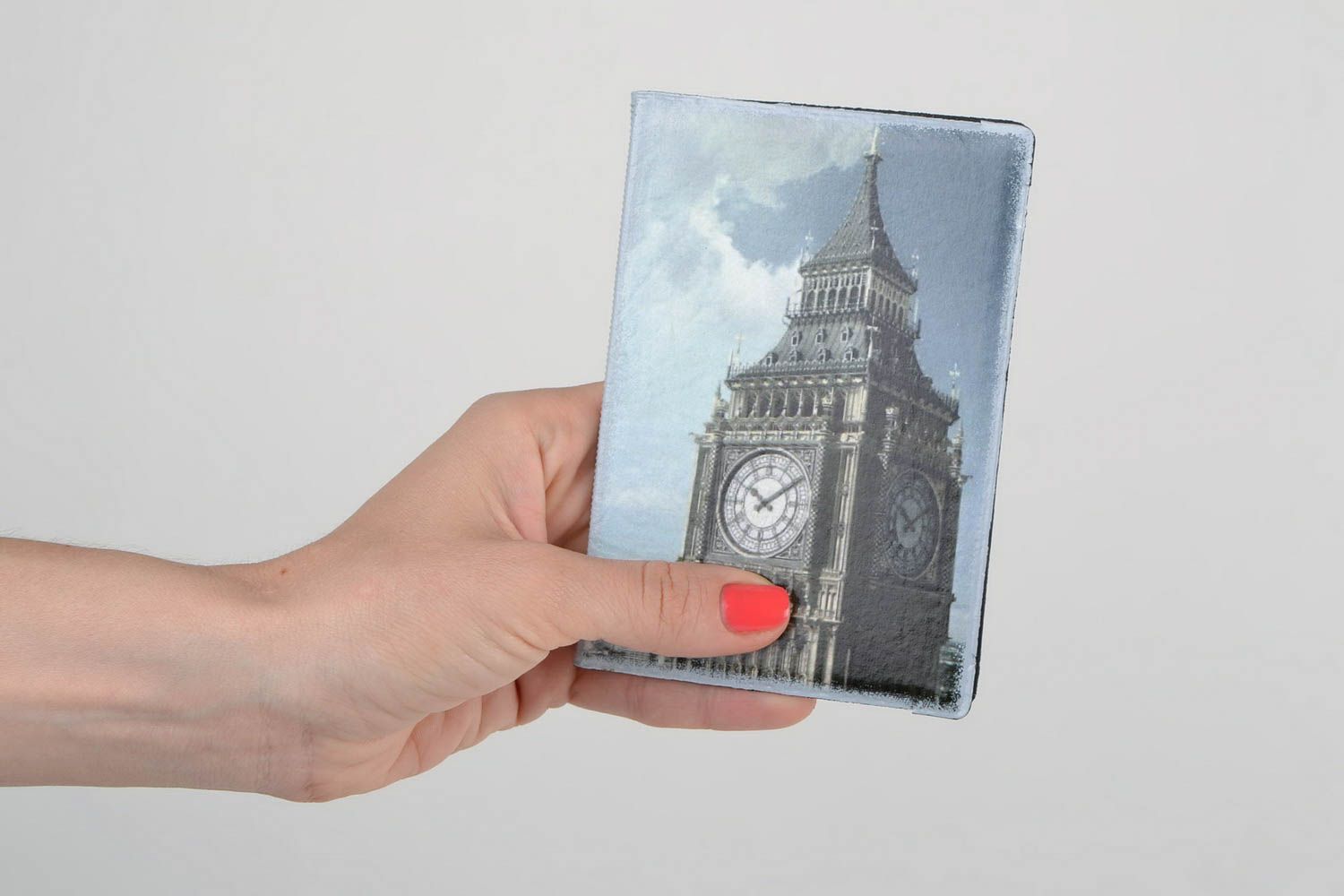 Funda para pasaporte hecha a mano de cuero artificial decoupage Big Ben foto 2