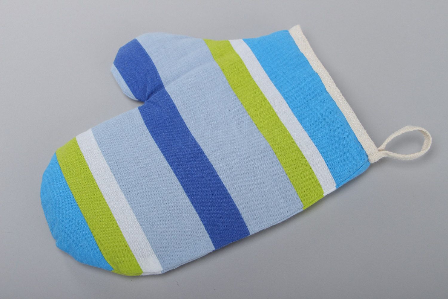 Bright colorful handmade oven mitt sewn of striped cotton fabric for kitchen photo 2