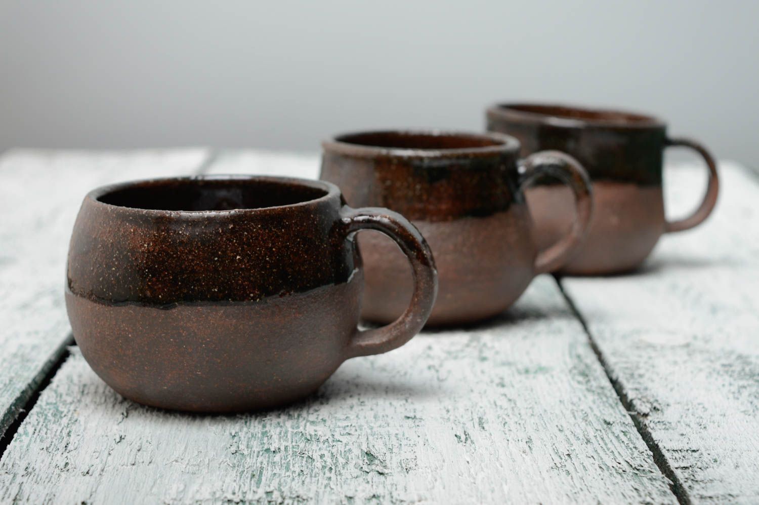 Set of three handmade ceramic 5 oz cups in Chocolate color glazed inside photo 2