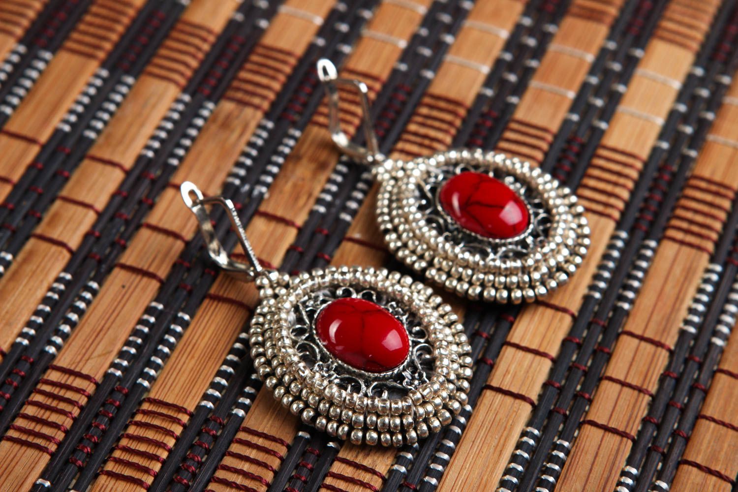 Oval handmade metal earrings beaded gemstone earrings accessories for girls photo 1
