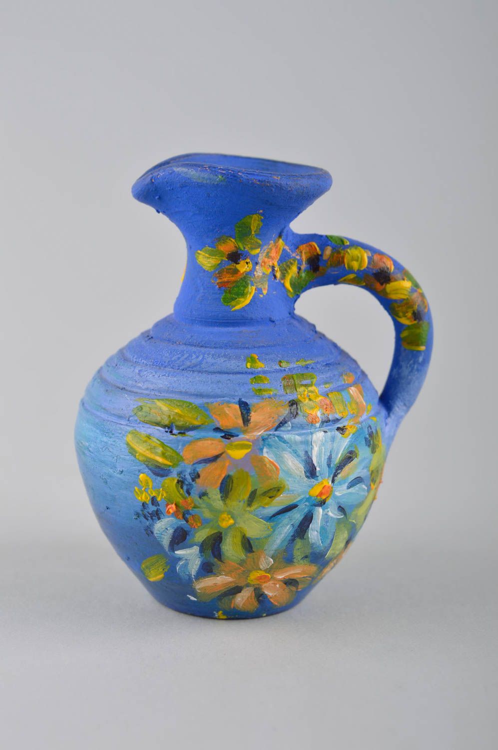 Cruche à l'eau Vaisselle miniature fait main bleue à fleurs Figurine céramique photo 2