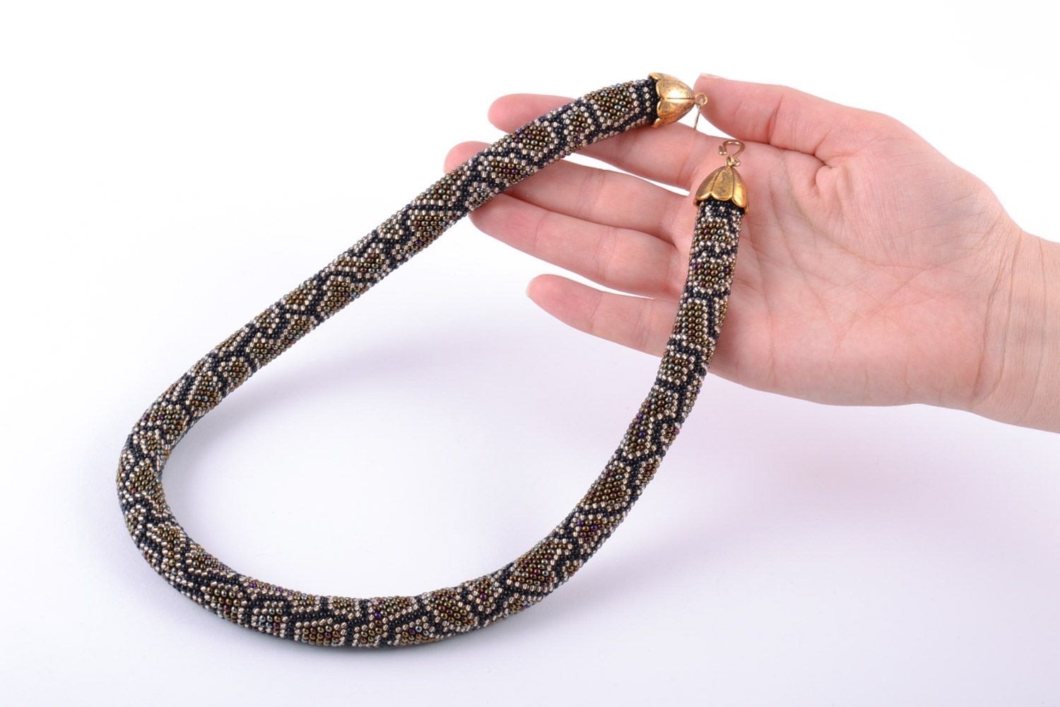 Elegant handmade women's cord necklace woven of beads with python coloring  photo 2