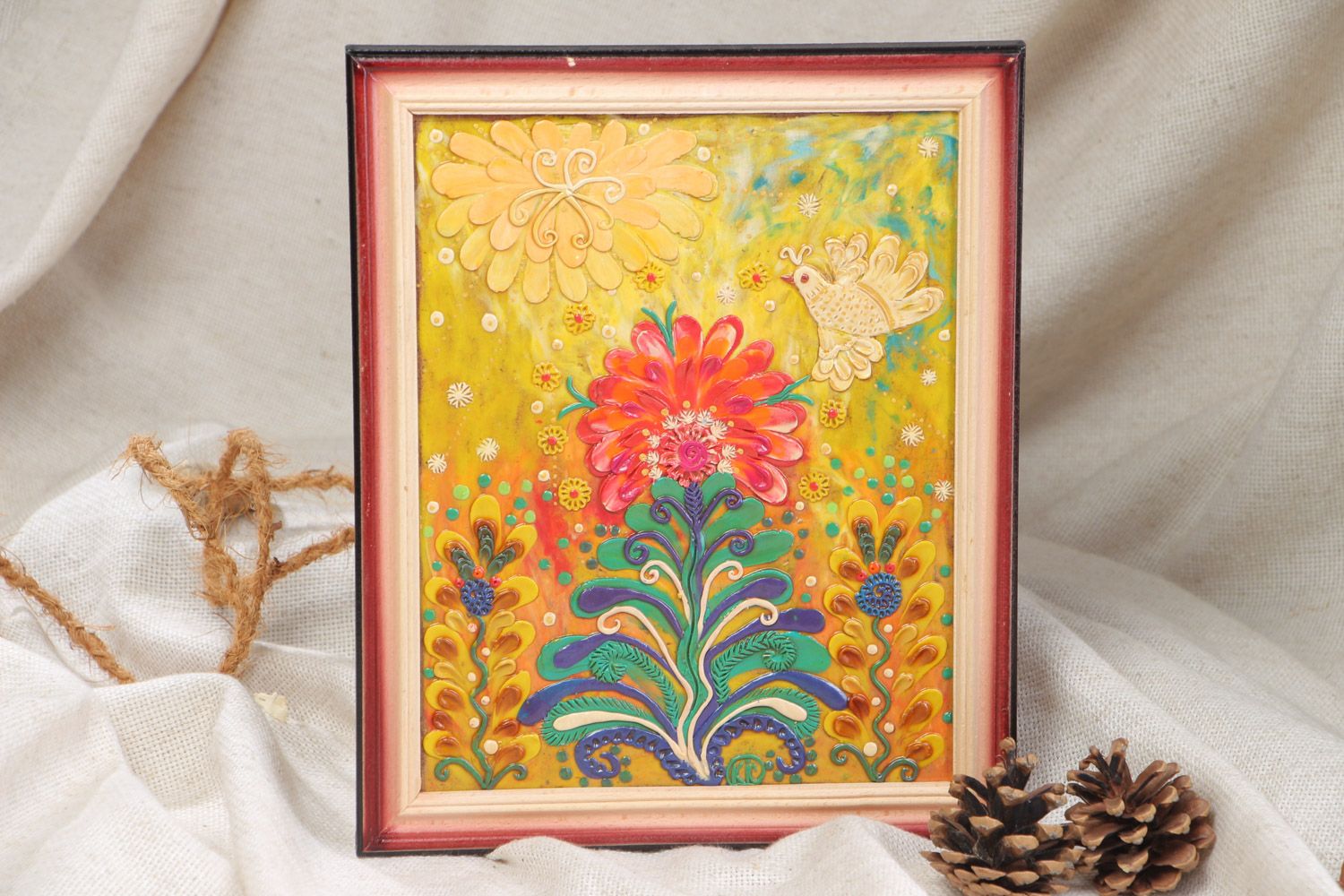 Cuadro de arcilla plastilina multicolor artesanal con pajaritos enmarcado foto 1
