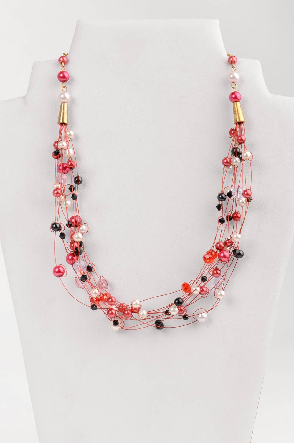 Collier en perles d'imitation céramiques fait main multirang rouge blanc noir photo 1