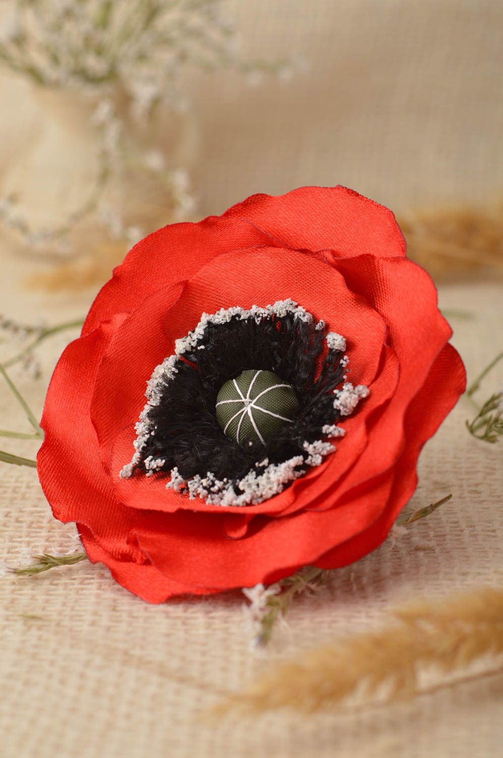 Handmade Schmuck Brosche Haarspange Blume Haar Accessoires üppige rote Mohnblume foto 1