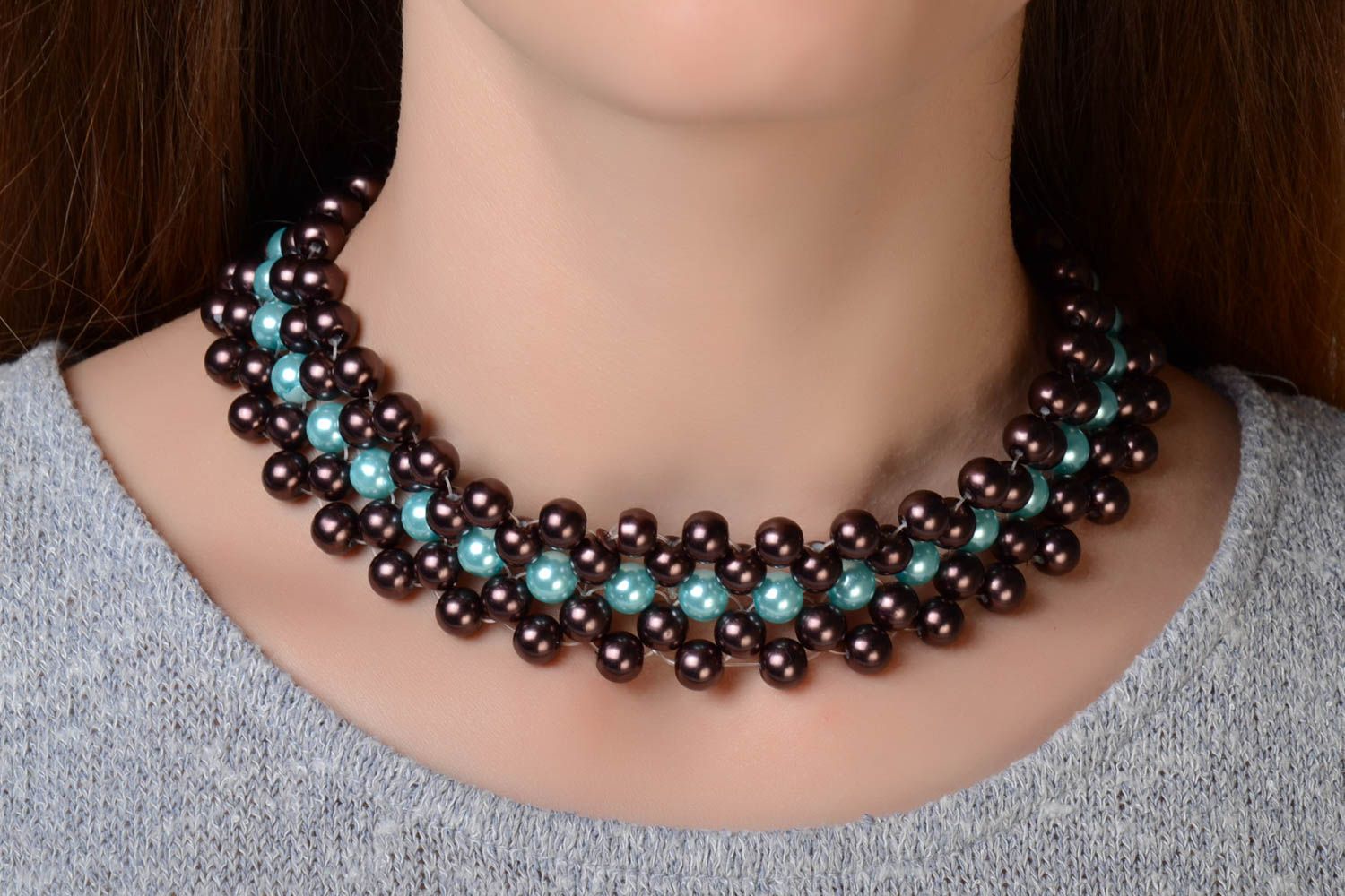Unusual dark handmade designer necklace woven of plastic beads for girls photo 1