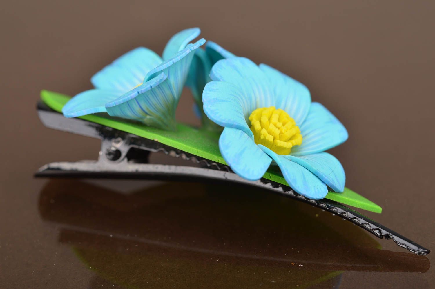 Medium handmade hair clip with flowers made of polymer clay Forget-me-not photo 3