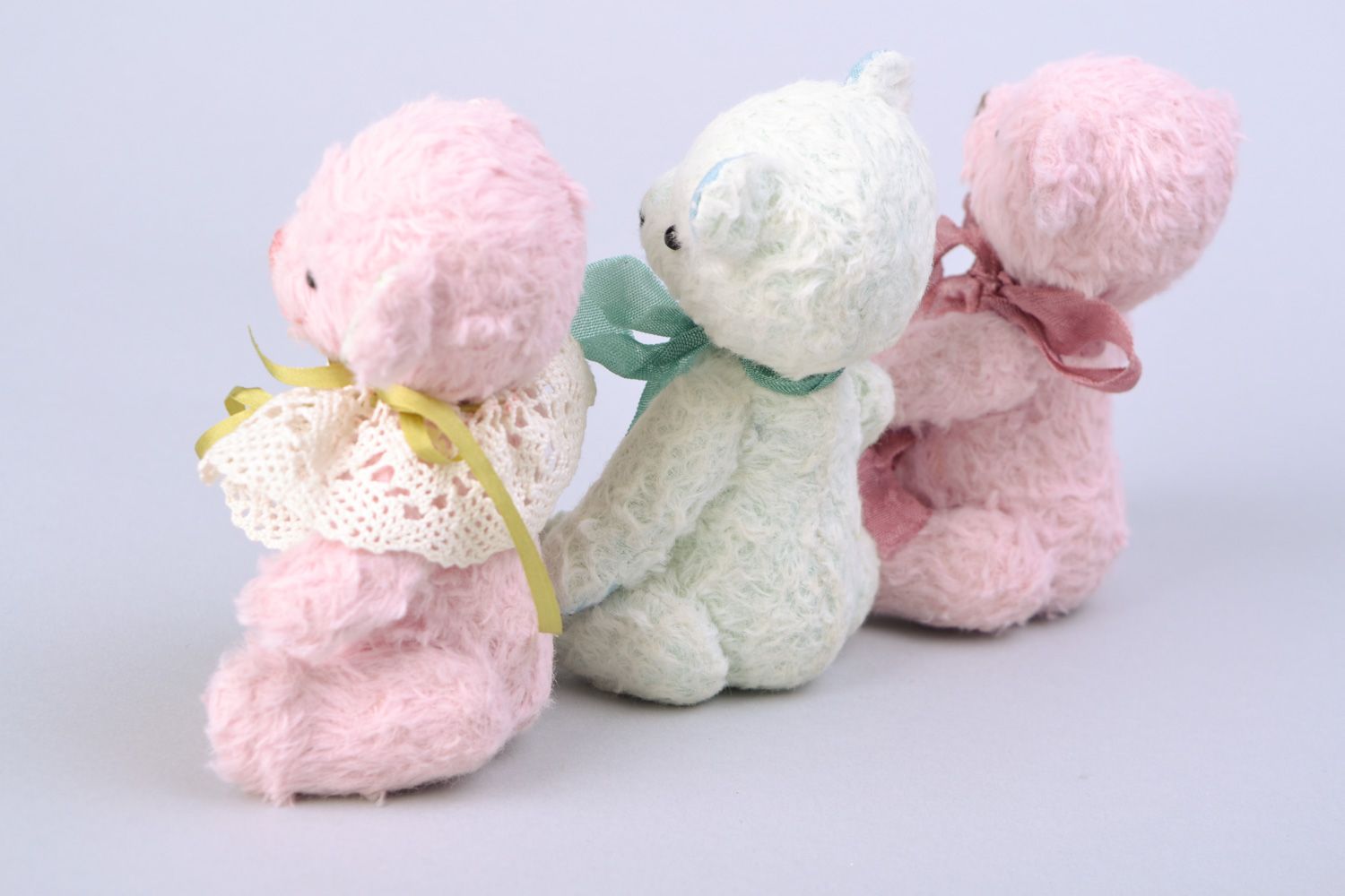 Set of handmade designer soft toy bears sewn of fabric of blue and pink colors  photo 4