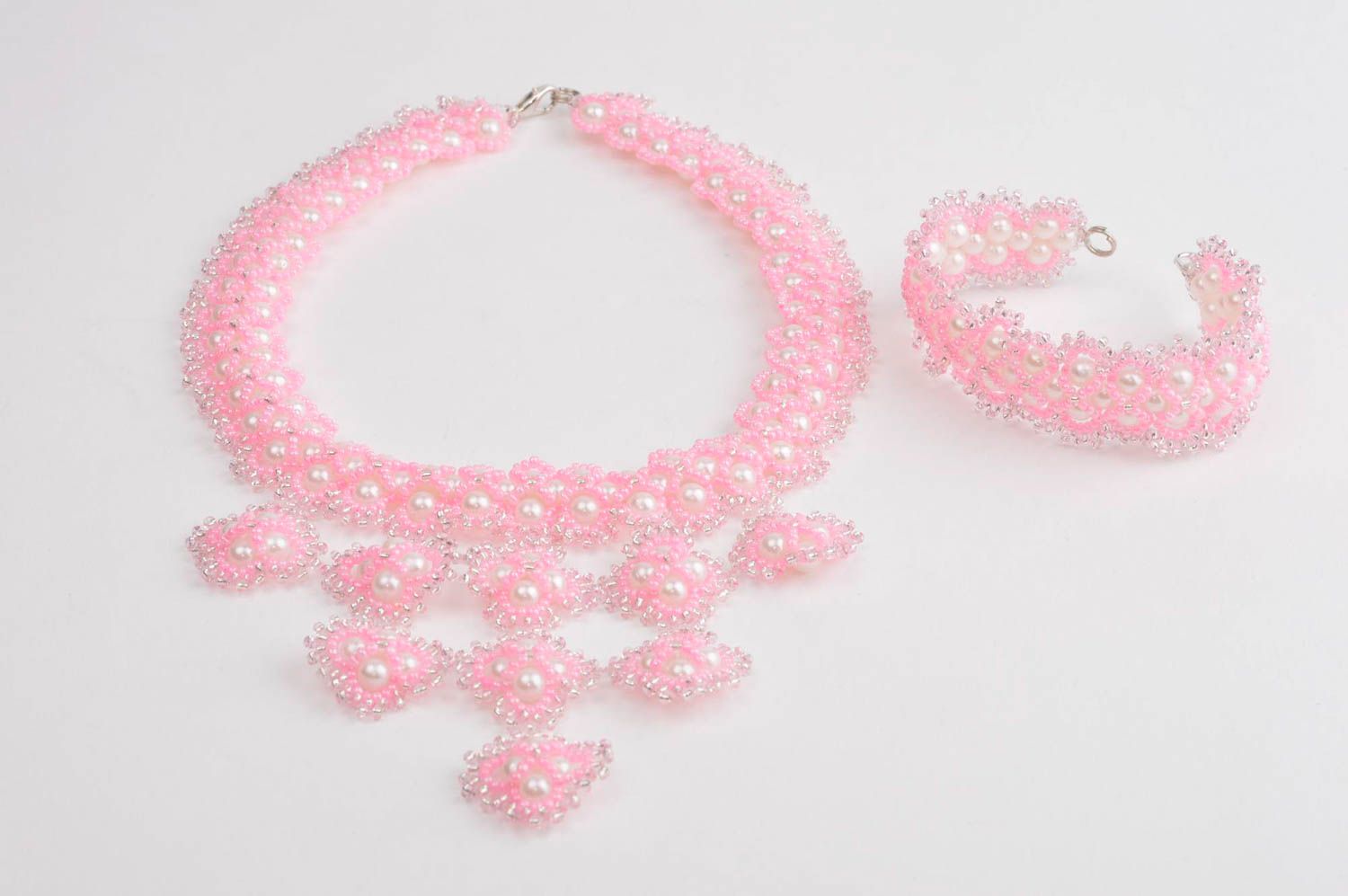 Rocailles Schmuck Set handmade Schmuck Damen Armband und Collier Kette rosa foto 4