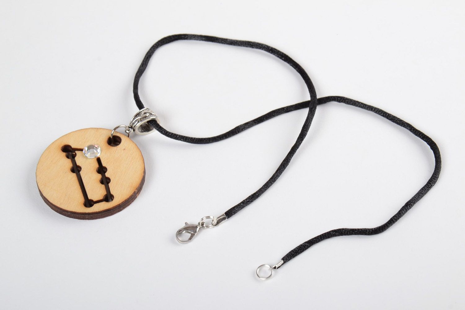 Handmade round wooden pendant with constellation on a long cord designer's jewelry photo 3