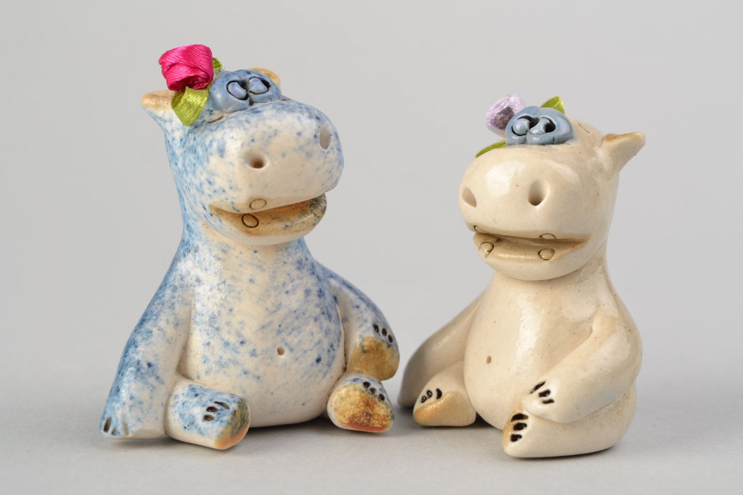 Designer handmade painted glazed clay figurines Hippo 2 pieces for home decor photo 1