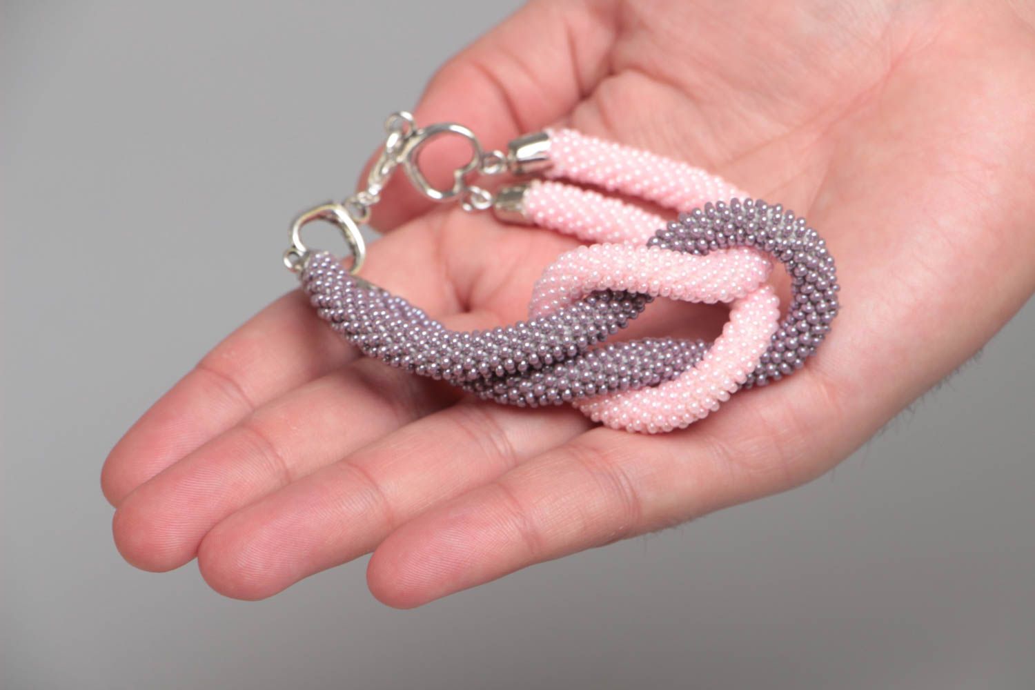 Handmade designer two colored gray and pink beaded cord wrist bracelet for women photo 5