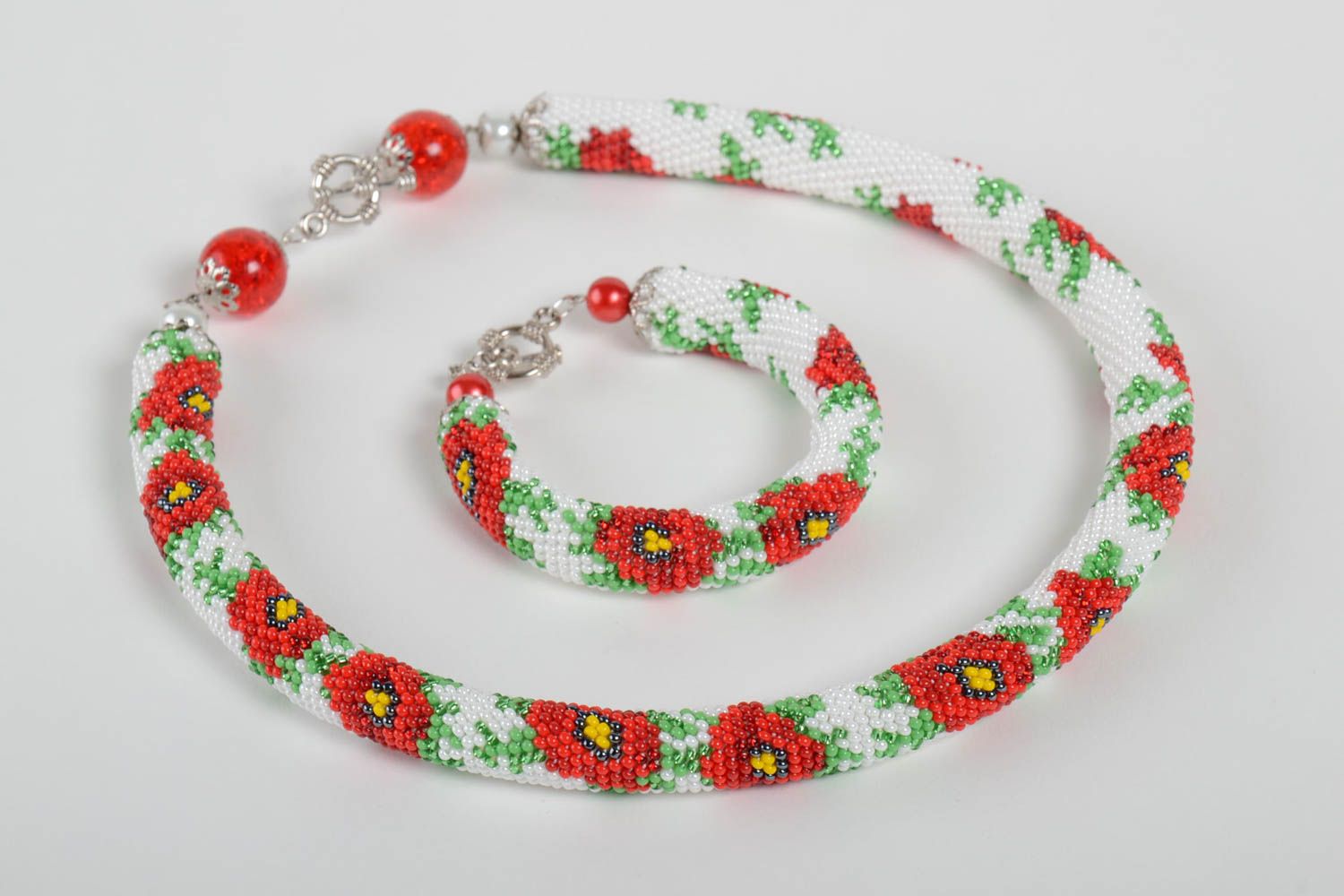 Unusual handmade woven beaded cord necklace and bracelet designer jewelry set photo 3