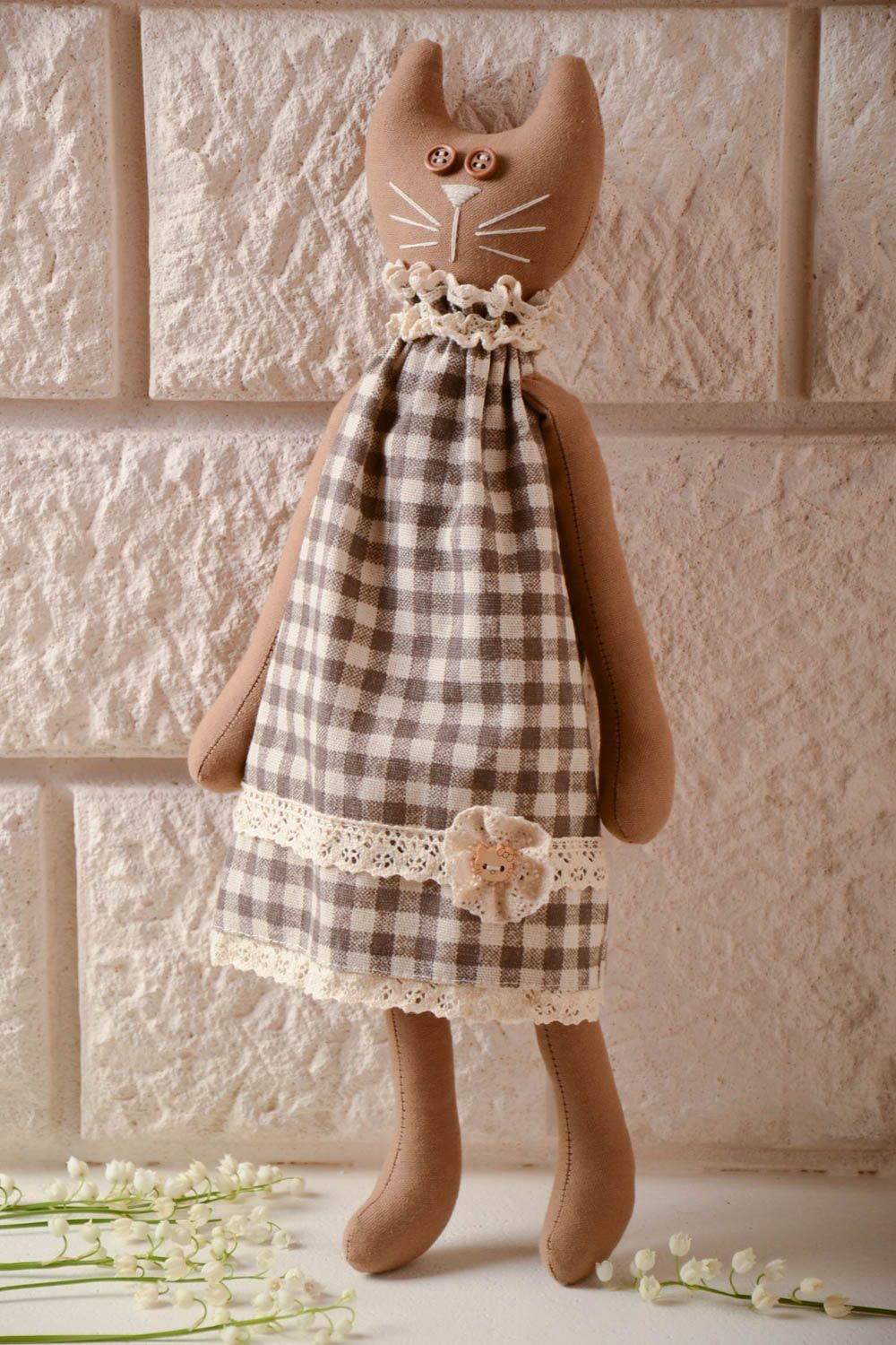 Handmade designer cotton fabric soft toy brown cat girl in checkered dress photo 1