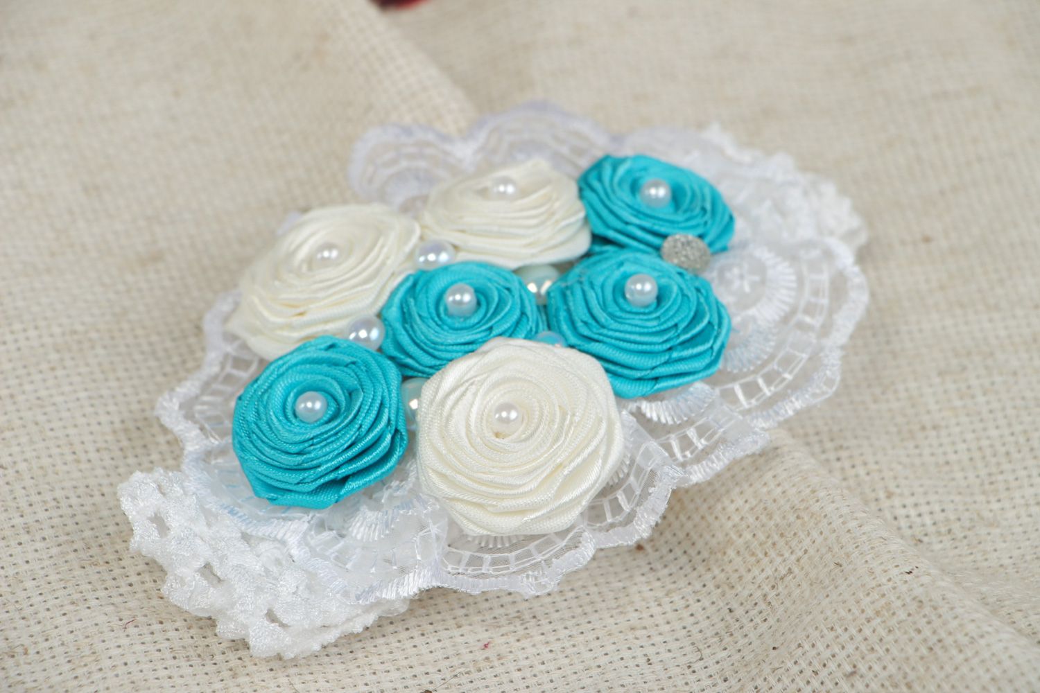 Stylish handmade floral headband with satin ribbons in white and blue colors photo 5