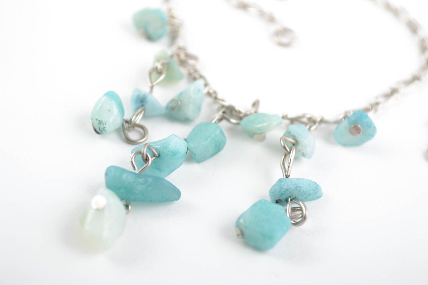 Handmade tender necklace with amazonite stones of turquoise color on metal chain photo 3
