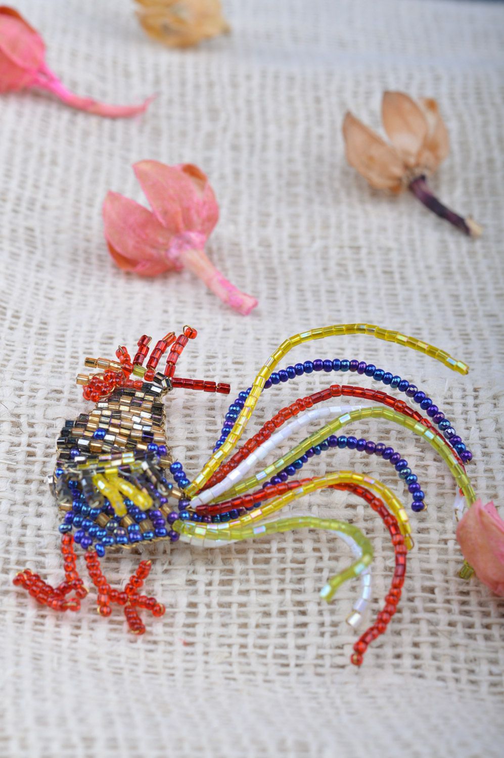 Unusual multi-colored beaded brooch hand woven with fishing line in the shape of cock photo 3