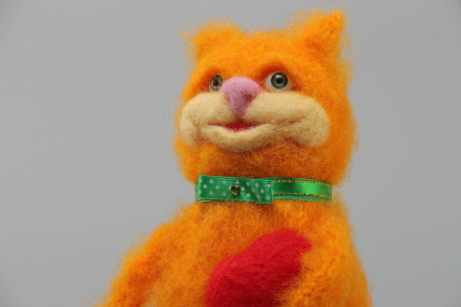 Handmade soft toy fluffy cat crocheted of bright orange mohair threads  photo 3