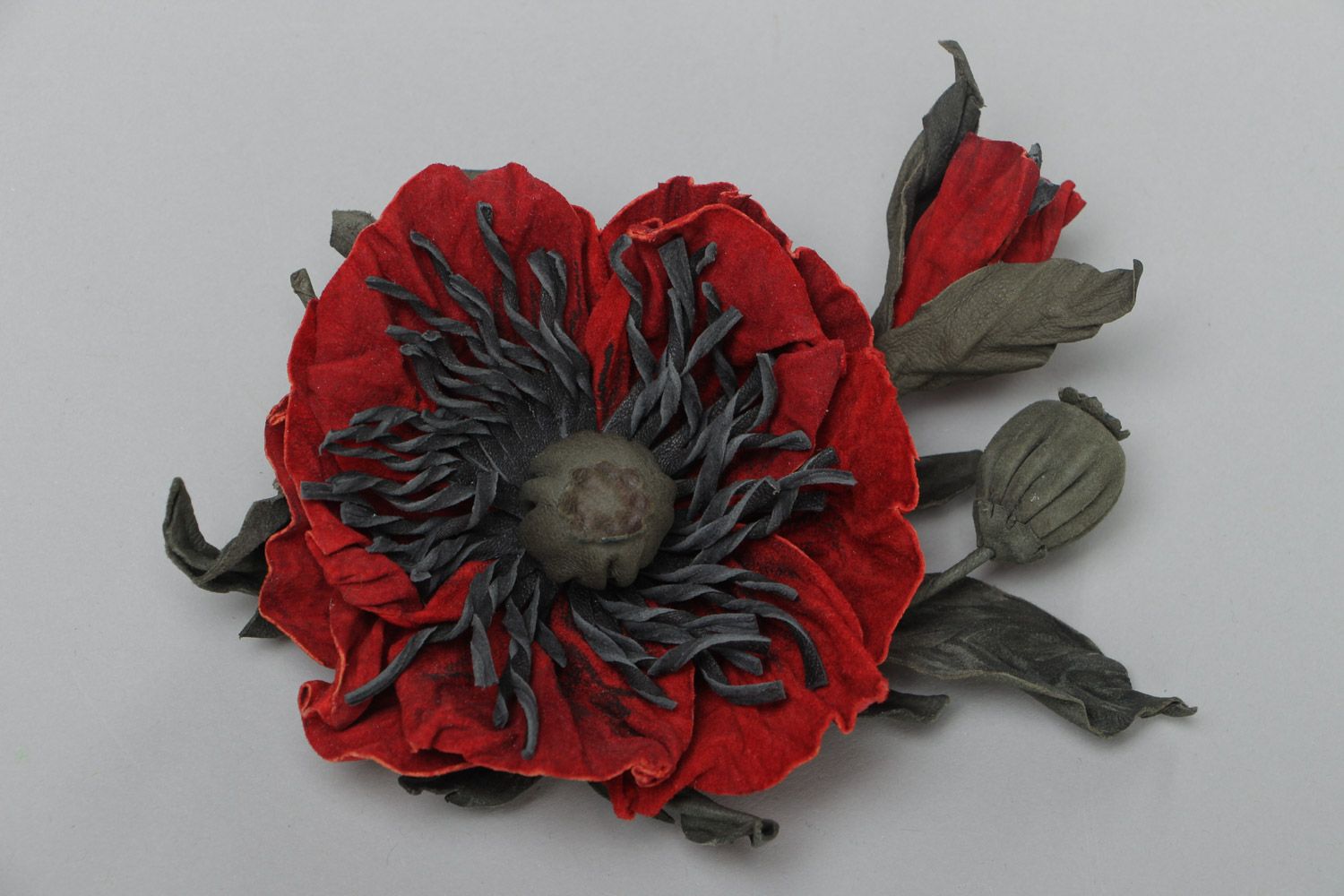 Broche en cuir fleur faite main pavot grande rouge originale pour femme photo 2