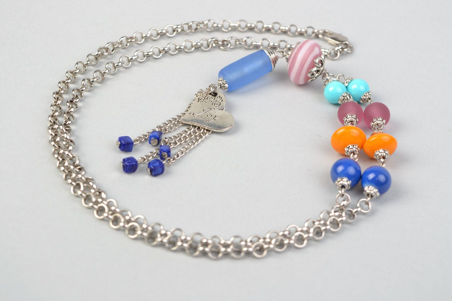 Handmade long metal chain necklace with colorful glass and ceramic beads  photo 3