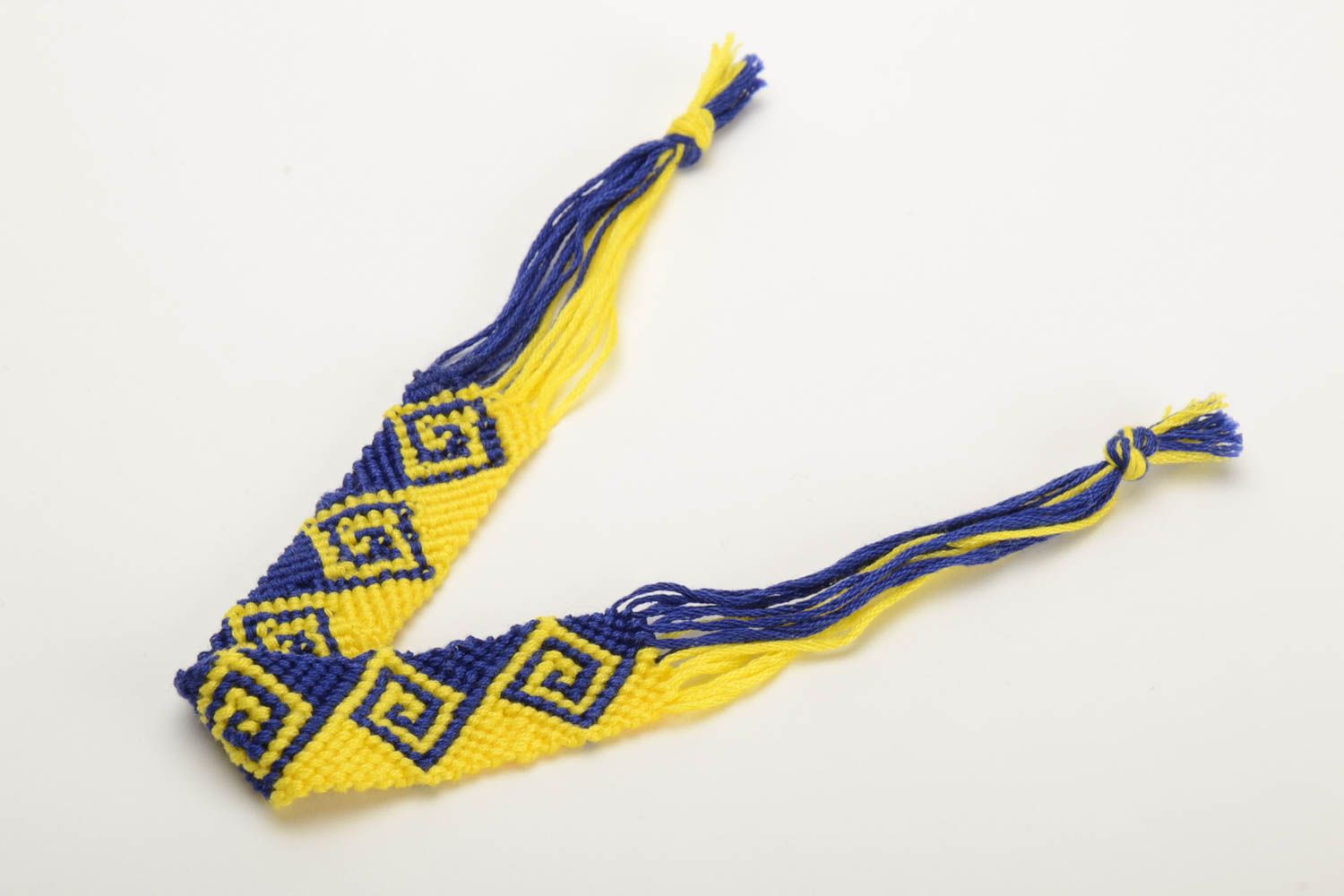 Handmade wide friendship wrist bracelet woven of yellow and blue embroidery floss photo 4