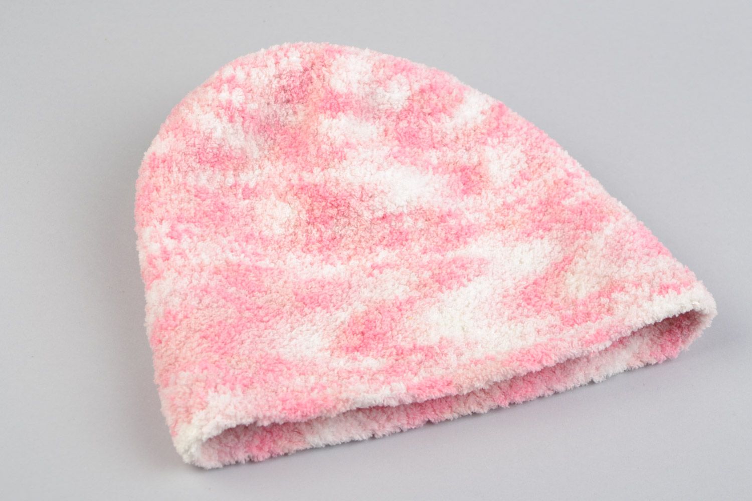 Bonnet d'hiver enfant tricoté au crochet en microfibre rose fait main extensible photo 5
