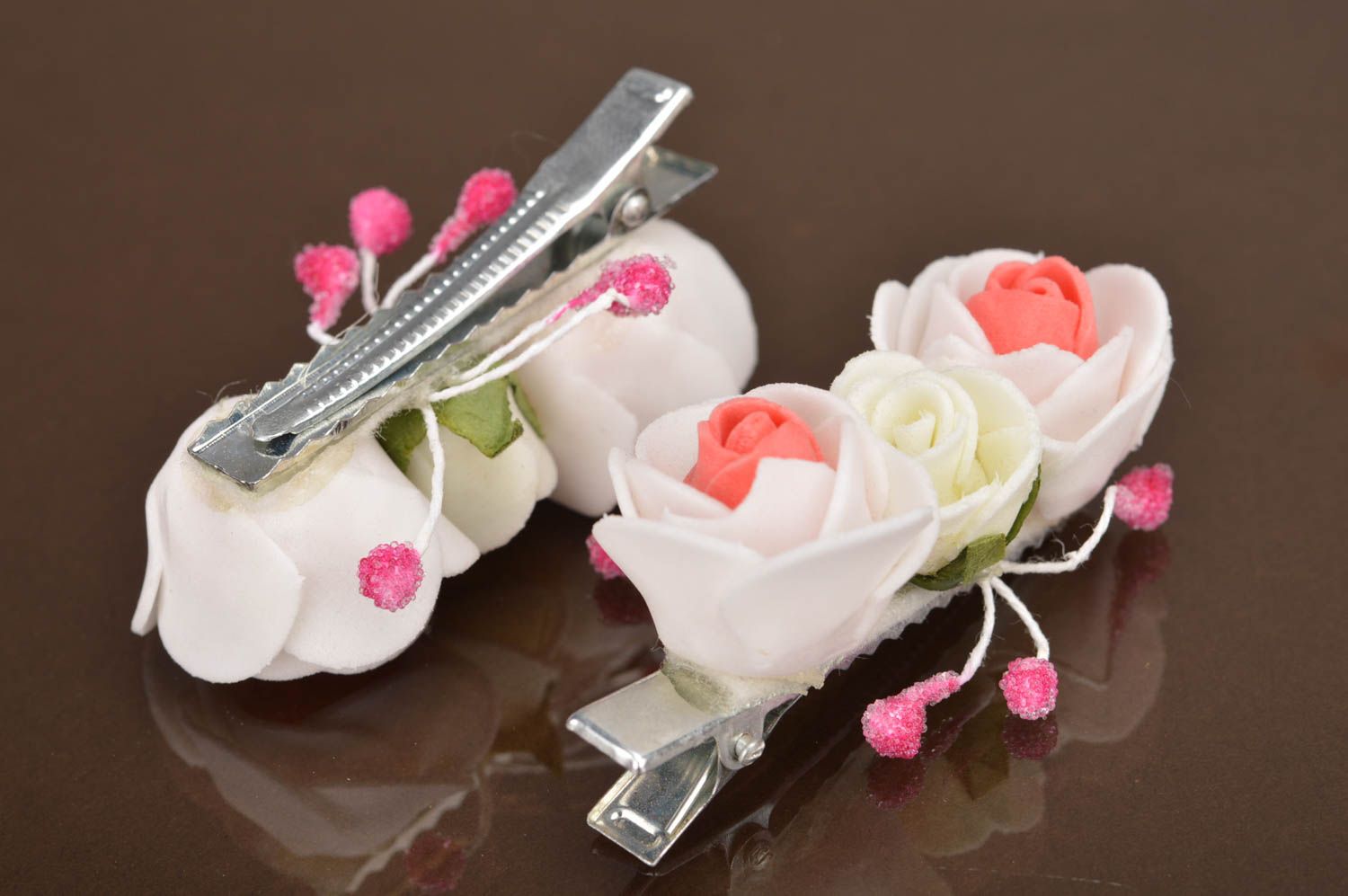 Designer handmade hair clips made of artificial flowers set of 2 pieces photo 5