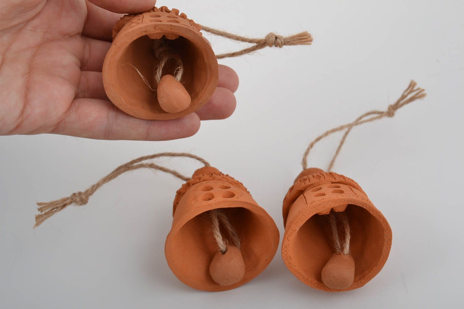 Set of 3 handmade designer molded brown clay bells in the shape of houses photo 5