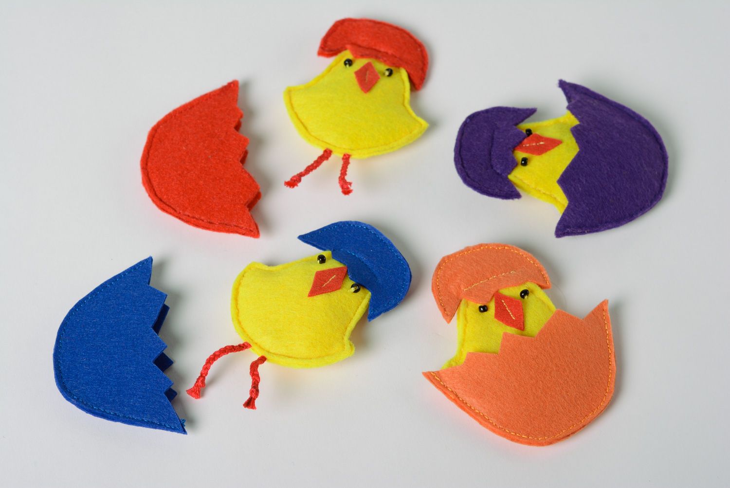 Set of bright handmade educational toys sewn of felt Chickens in eggshell 4 items photo 4