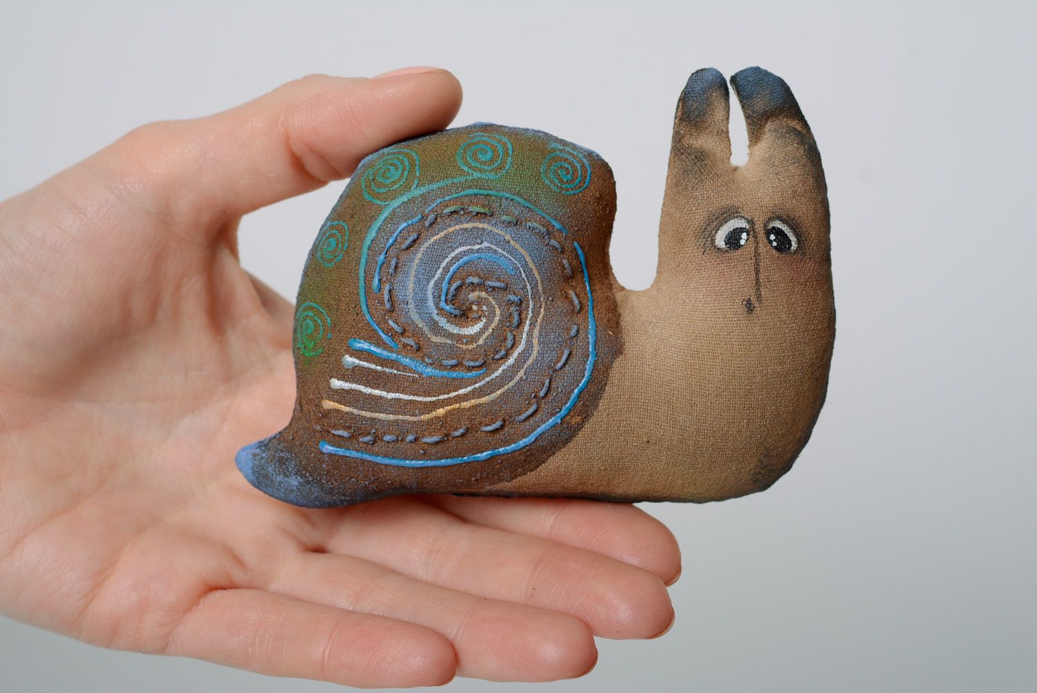 Handmade funny fridge magnet soft toy soaked with coffee in the shape of snail photo 3