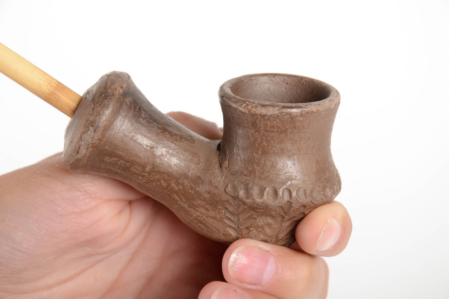 Красивая глиняная курительная трубка ручной работы авторского дизайна коричневая фото 3