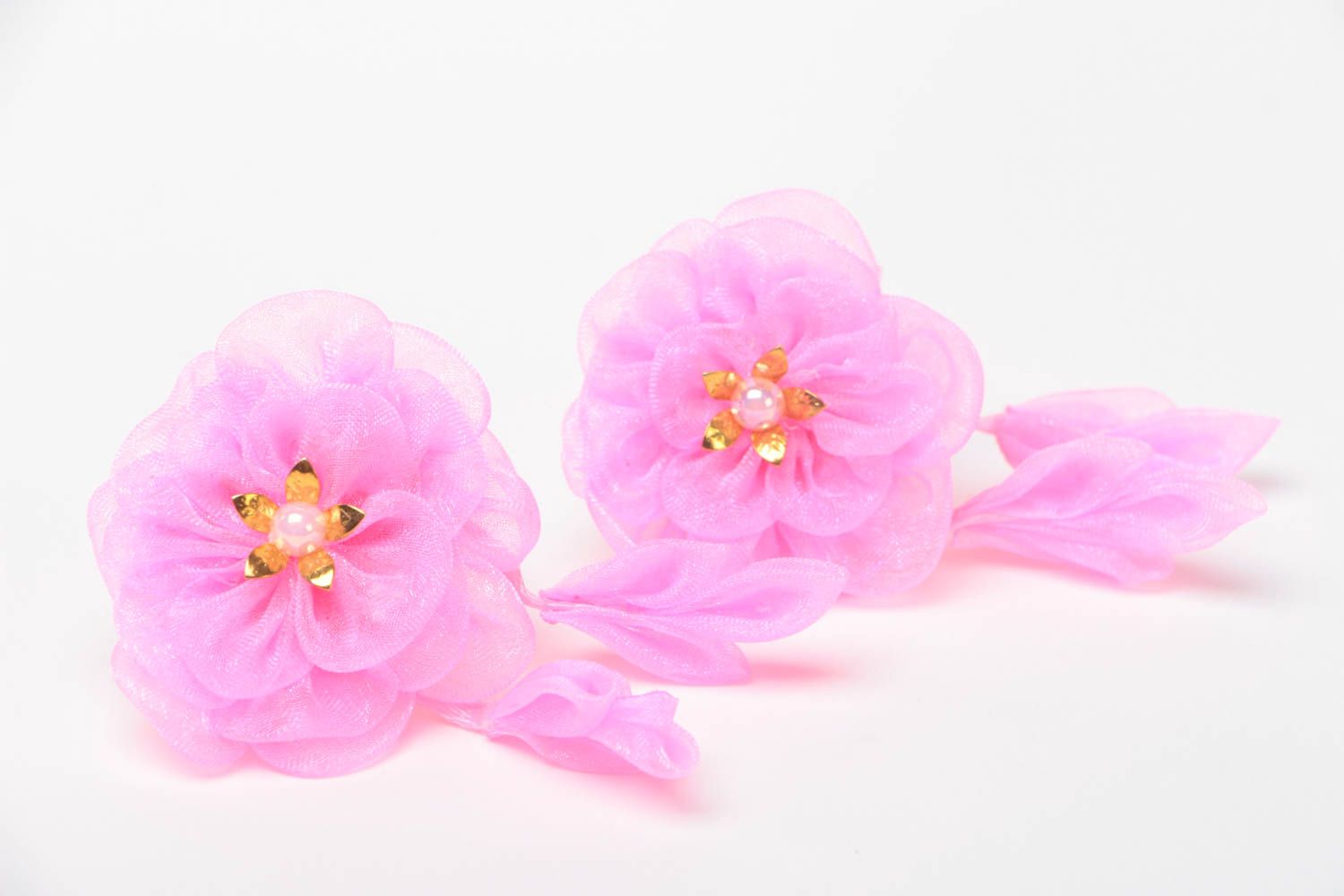 Розовые детские резинки для волос из органзы небольшие ручной работы набор 2 шт  фото 3