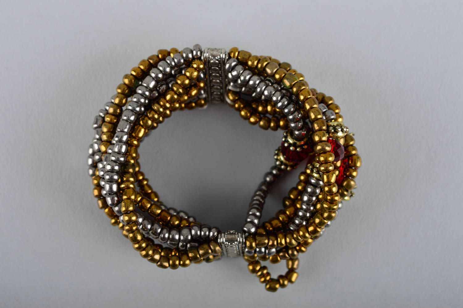 Multi-row wrist line bracelet made of silver and gold color beads for women photo 3