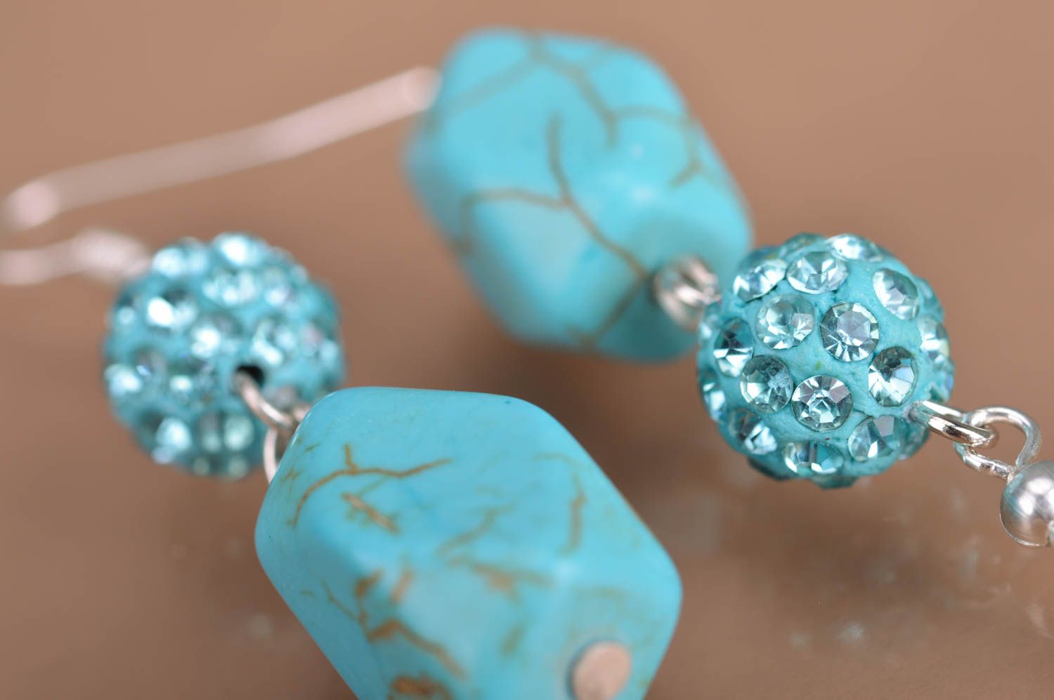 Handmade long beaded earrings styled on turquoise with rhinestones blue designer photo 4