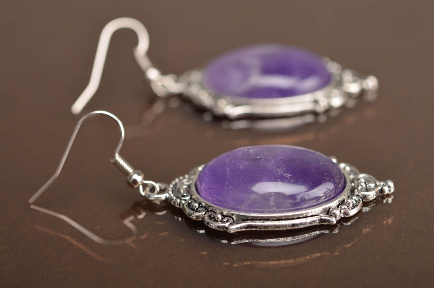 Handmade designer violet oval metal earrings with stone in vintage style photo 4
